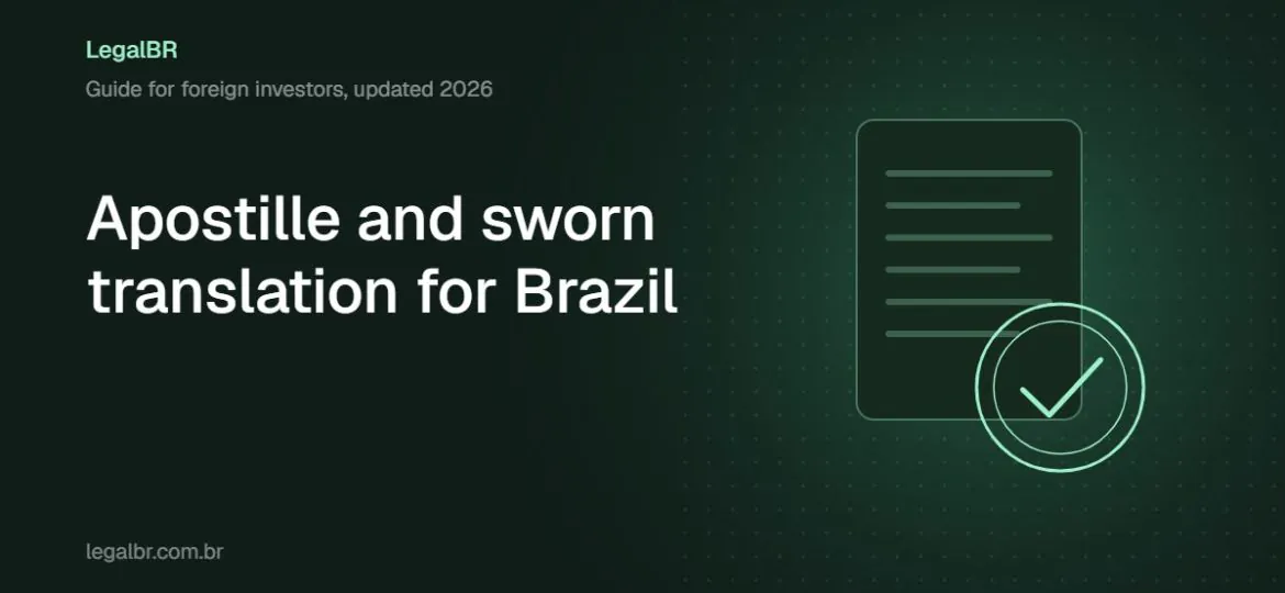 Cover illustration: a document with an apostille seal, for the guide on apostille and sworn translation for Brazil